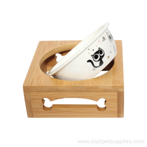 Cat Dog Food Bowl With Raised Bamboo Stand